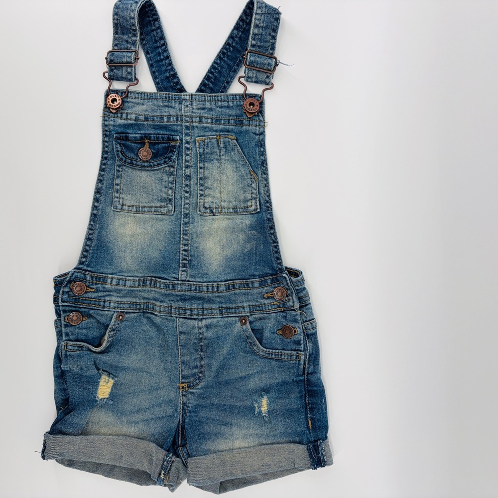 Lucky Brand Overalls Kids 4/5 Distressed Denim Shortalls Unisex Adjustable